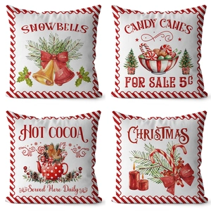 Set of 4 Christmas pillow covers with watercolor nutcracker and hot cocoa illustrations