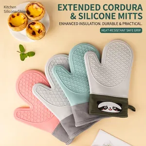 Silicone Oven Mitts Heat Resistant Kitchen Baking Gloves Non Slip Waterproof Thickened Long Cuffs With Cotton Lining