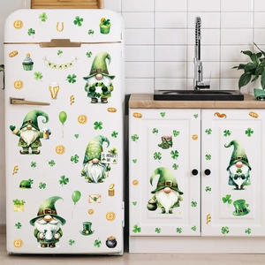 St. Patrick's Day gnomes window stickers set on white refrigerator with clover decals