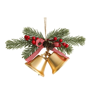 Weihnachtsbaum-Deko mit goldenen Glocken, Tannenzapfen und rot-weiß gestreifter Schleife