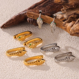 U-shaped snake head hoop earrings with diamond accents and geometric textures
