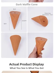 Macro view of realistic dark waffle cone model with measurements and top hole detail