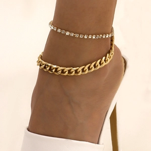 Alloy Rhinestone Anklet And Cuban Link Chain Foot Jewelry For Women Exaggerated Tassel Style Shiny Beach Accessory