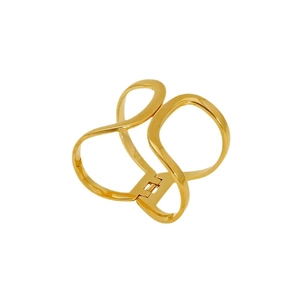 Minimalist gold geometric cuff bracelet with infinity spiral hollow lines on white background