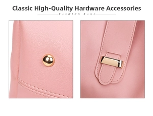 Close-up of pink lychee grain leather bag with gold rivets and square buckle hardware