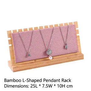 Pink velvet and bamboo wood L-shaped jewelry display stand for necklaces and pendants