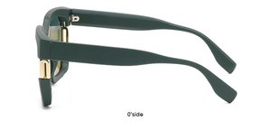 Side view showing wide dark green frames with gold metal hinges on sunglasses