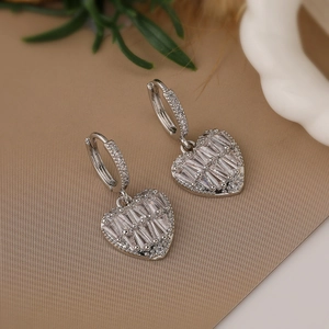 Sparkling zircon heart pendant earrings in silver finish for a high-end fashion look