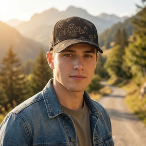 Black baseball cap with monogram print and DM&LA embroidery against a mountain sunset