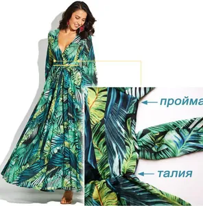 Détail de la robe à imprimé feuilles tropicales avec col en V profond et cordon de taille