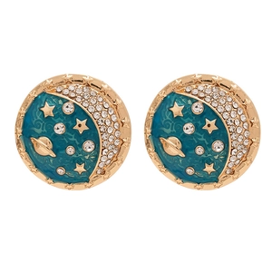 Golden celestial star and moon stud earrings with blue enamel and sparkling crystals