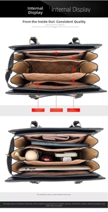 Three-pocket interior design of black leather handbag showing compartments and storage capacity