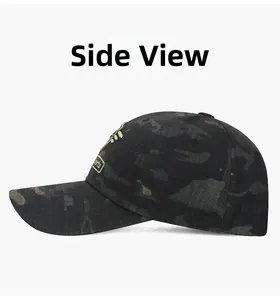 Side view of checkered camouflage baseball cap with embroidered Sports patch and peak