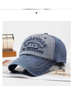 Detail of washed cotton baseball cap with 3D embroidery and decorative zigzag stitching
