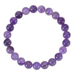 Natural 8mm amethyst beaded elastic bracelet with purple crystal stones on white background