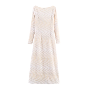 Elegant beige long sleeve sequin dress with wavy geometric patterns and a slim fit cut
