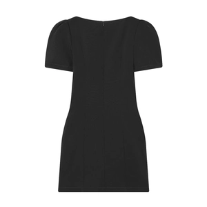 Detail view of the invisible back zipper and puff sleeves on this black short sleeve dress