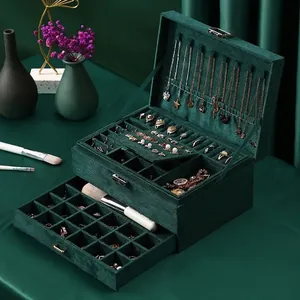 Velvet Jewelry Box Multilayer Organizer With Lock For Earrings Rings Necklaces Retro Dark Green Large Capacity Storage