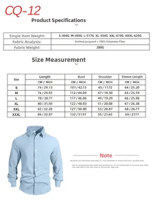Detailed size chart and material specifications for knit jacquard long sleeve shirt