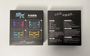 Detail view of the LED futuristic glasses packaging showing different light modes and specs