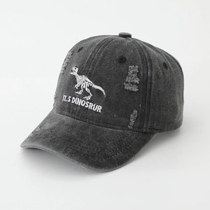 Close-up of dinosaur skeleton embroidery and distressed details on washed denim cap