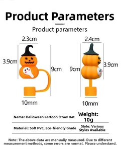 Detail view of 10mm Halloween PVC straw covers with dimensions and ghost pumpkin design