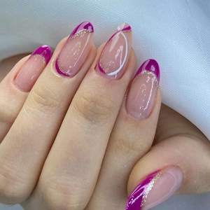 Almond Shape Press On Nails Magenta Purple French Style With Gold Glitter And White Abstract Lines Elegant Fake Nails For Women