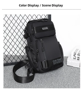 Detail of black tactical crossbody bag with multiple zippers on grey carpet background