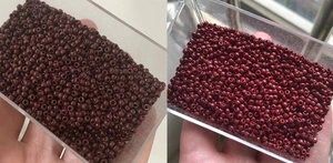 Color comparison of vintage burgundy glass beads in indoor and bright light environments