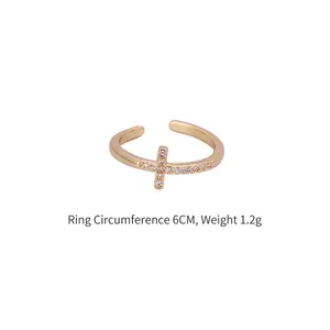Elegant gold cross open ring for women with micro-set zircons weighing 1.2g