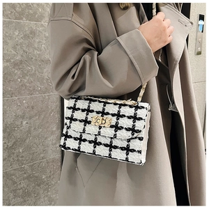 Detail of tweed crossbody bag featuring black and white pattern and gold chain strap