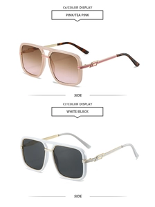 Side view of square oversized sunglasses in pink and white frames with metal temple details