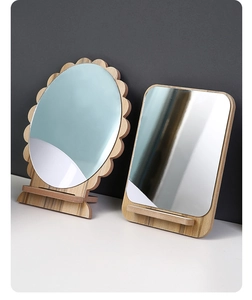 Detail of sunflower wave edge and rectangular wooden desktop makeup mirrors with stand