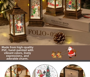 Detail of vintage bronze Christmas lantern featuring miniature Santa and snowy landscape