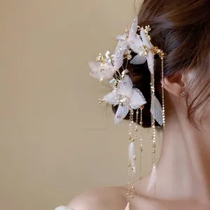 Pince À Cheveux Fleur Papillon Long Gland Gaze Tissu Strass Künstliche Perle Pince À Bec De Canard Style Féerique Accessoire Pour Femmes