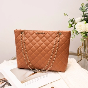 Chic brown quilted tote bag for women with gold chain strap and metal logo accent