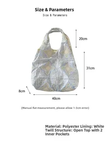 Detail view of floral embroidery on light blue polyester tote bag showing dimensions