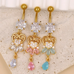 Hollow heart belly button rings with marquise zircon in gold, pink, and blue sets