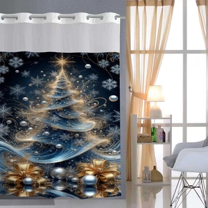 Artistic blue Christmas tree shower curtain with golden bow and snowflakes detail
