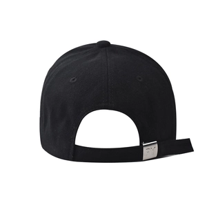 Close-up of the adjustable silver metal buckle with engraved PY logo on a black cotton cap
