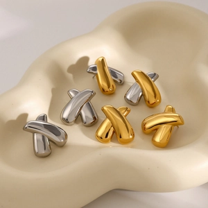 Polished 18k gold plated stainless steel chunky X-shaped earrings in three color options