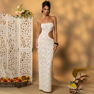 Vestito Lungo Sexy In Pizzo Senza Spalline Con Ritagli Laterali Spacco Alto Vestibilità Aderente Lungo Festa Sera Estate Donne