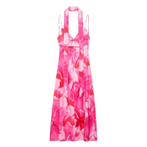 Rosa geblümtes Halfter-Trägerkleid mit V-Ausschnitt und offenem Rückendesign