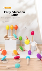 Macro shot of colorful wooden maracas and castanets for early childhood music education