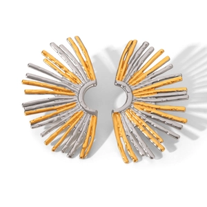 Macro detail of fan-shaped stainless steel earrings with gold and silver radial textures