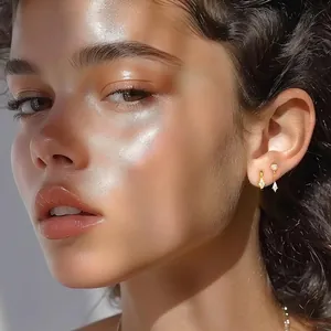 Elegant S925 sterling silver geometric zircon drop earrings worn on model's side profile