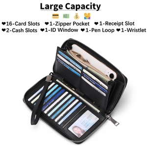Detailed interior of RFID PU leather wallet showing 16 card slots and phone pocket