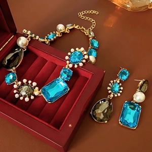 Vintage Baroque Jewelry Necklace And Earrings Alloy Blue Rhinestone Imitation Artificial Pearl Silver Earring Post Luxury Women