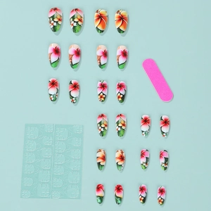 Almond French press on nails set with tropical frangipani flower patterns and tools