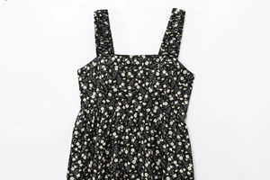 Detail of square neckline and ruffled shoulder straps on a black floral midi dress